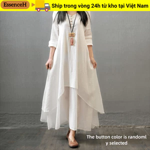 ESSENCEH Váy dài hai mảnh giả, Đầm xích đu Polyester phong cách văn học, Váy dài tay cổ điển Xuân Thu