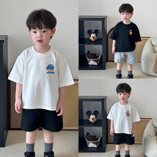 (Từ 1-12 tuổi) Áo thun ngắn tay cho trẻ em, mũ cho bé trai, áo in hình hoa hoạt hình và dấu tay, áo cổ tròn.