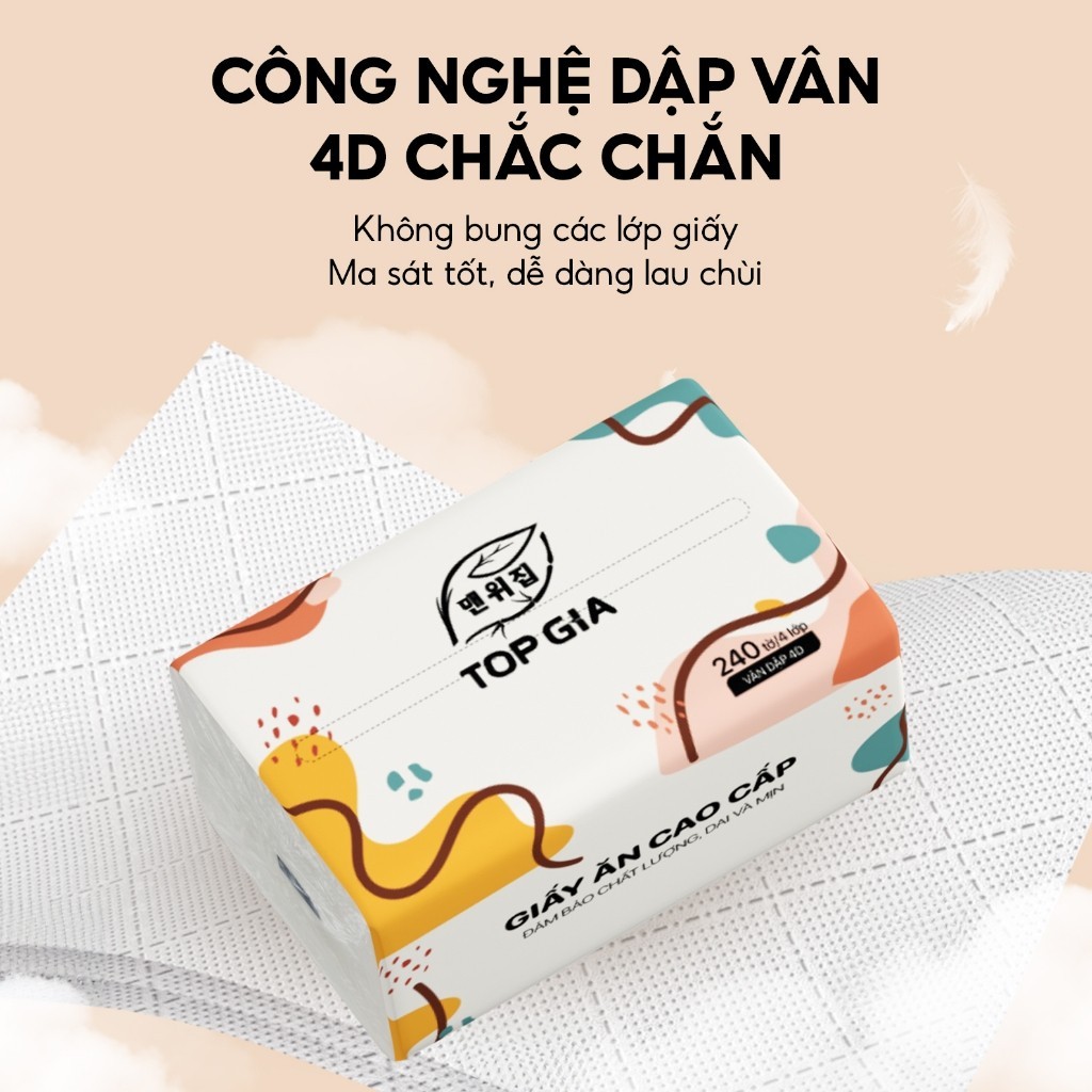Giấy ăn rút Topgia thùng 20 gói đa sắc cao cấp 240 tờ 4 lớp, dập vân 4D, mềm mịn, thấm hút tốt