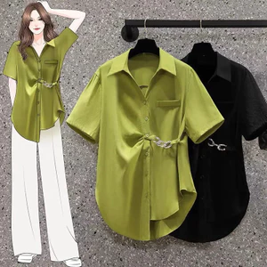 Áo sơ mi nữ thiết kế dáng rộng VN, Áo sơ mi thời trang vừa vặn, Phong cách mới mùa hè, Thích hợp cho bé gái Plump, Bao da thịt khoe trẻ hơn.
