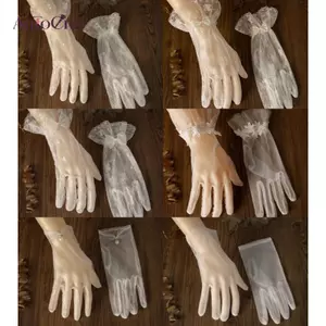 AqToCna 1 Vintage Ren Lưới Trắng Nơ Ngọc Trai Váy Cưới Giấy Phép Ảnh Găng Tay Váy Cô Dâu Găng Tay AqToCna