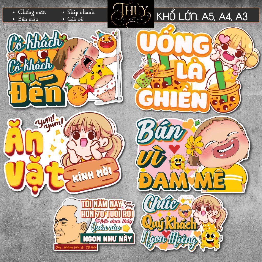 Decal Ăn Vặt chống nước trang trí dán quán trà sữa, cà phê, quán ăn, dán tường, tủ. TTQ17