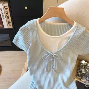Áo thun dệt kim hai mảnh giả khâu màu xanh sang trọng siêu mỏng hơn trông đẹp hơn