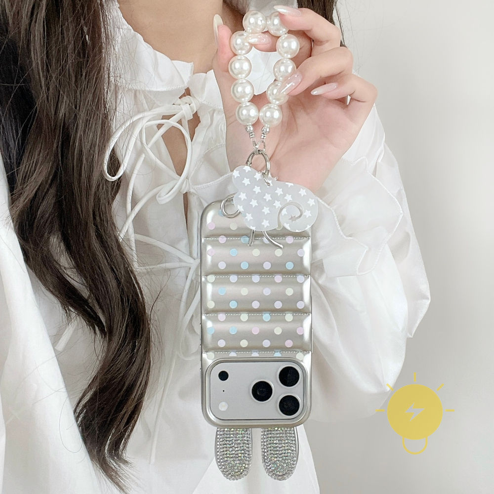 Phone Case For iPhone 17 Pro Max 16 15 TPU Cartoon Keychain Ear Star Pearl 3D Down Coat Style Aesthetic Korean Cute