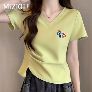 [MIZIQI] Áo thun ngắn tay cổ chữ v Cotton nguyên chất dành cho nữ, Áo ngắn có khe hở viền không đều