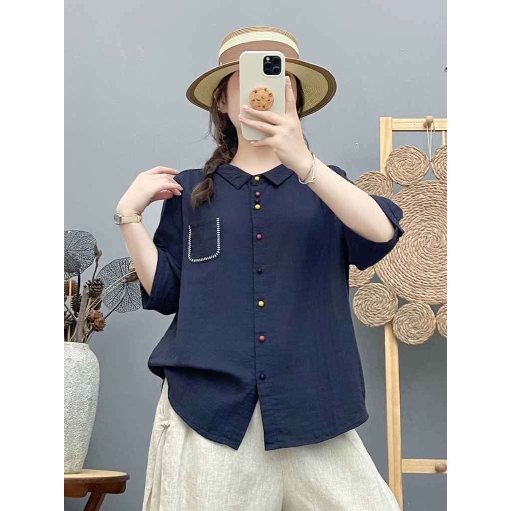 [Hàng có sẵn] Áo sơ mi nữ Cotton cao cấp dáng rộng tay ngắn, nút màu