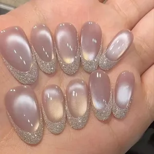 Móng Tay Nhẹ Nhàng Pháp Hạt Thủy Tinh Mắt Mèo Nhấp Nháy Miếng Dán Làm Trắng Da Cao Cấp Handmade Đơn Giản Mặc