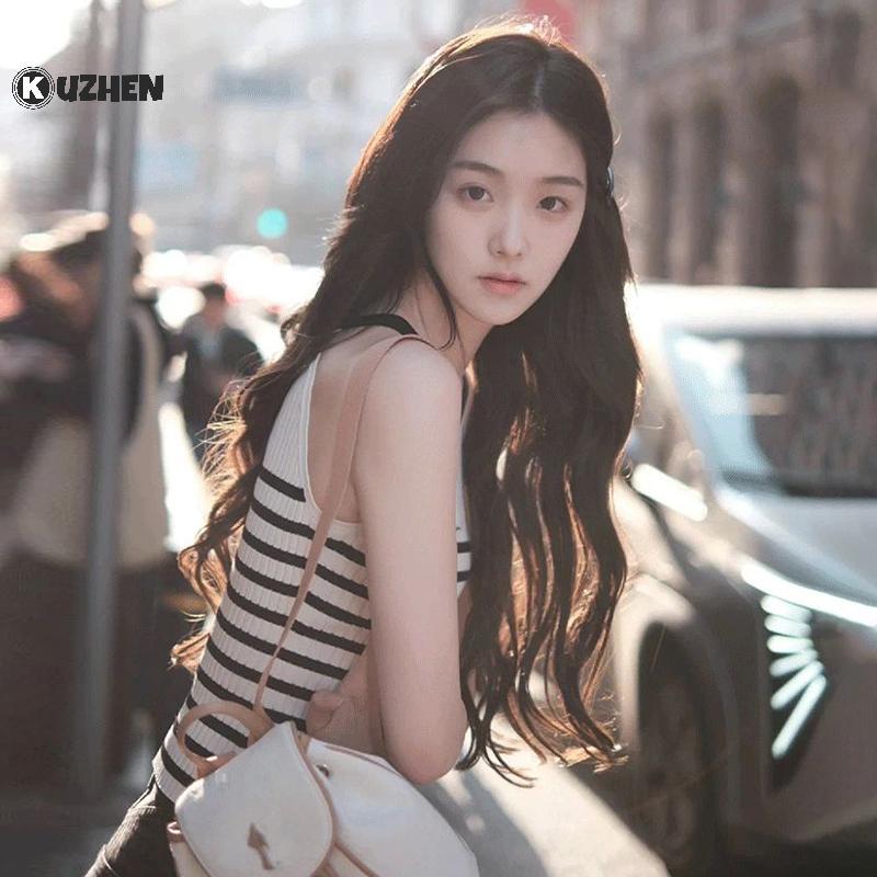 KUZHEN Sọc Áo Vest Nữ Không Tay Tròn Ne Casaul Kỳ Nghỉ Mùa Hè Vỏ Sang Trọng Áo HOT