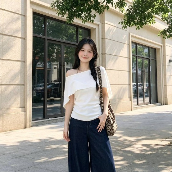 SUXI Áo thun lệch vai ngắn tay màu trơn nhẹ nhàng dành cho nữ mùa hè mới 260529