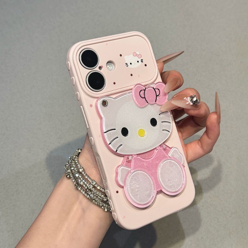 Ốp lưng gương trang điểm chấm bi Hello Kitty dễ thương iPhone Full Lens iP - 11/12/13/14/15/16/17/Plus/Air/Pro/Max