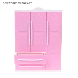 MỚI Ba Cửa Màu Hồng Hiện Đại Tủ Quần Áo Cho Búp Bê Nội Thất Quần Áo Phụ Kiện Đồ Chơi SKY