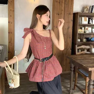 Phiên bản Hàn Quốc của Áo sơ mi không tay hở vai thời trang sang trọng dành cho nữ Mùa hè Phong cách mới Nơ eo hẹp