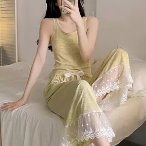 Bộ đồ ngủ Vest không tay mùa hè Bộ đồ mặc nhà phong cách phương Tây cao cấp