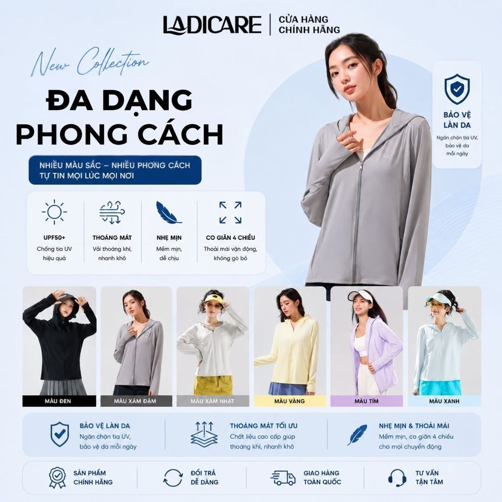Áo Chống Nắng Nam Nữ LADICARE UPF50+, Chống Tia UV >99%, Vải Lụa Băng Cao Cấp, Thoáng Khí, Khoá Kéo Tiện Lợi