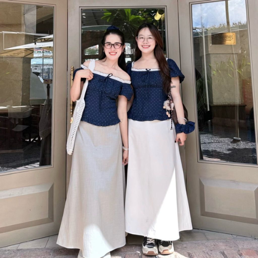 ( TẶNG KÈM SRUNCHIES) ÁO CHẤM BI PHỐI REN MẶC 2 KIỂU (CÓ BIGSIZE) M61196 - Adora 73 - Alisa95