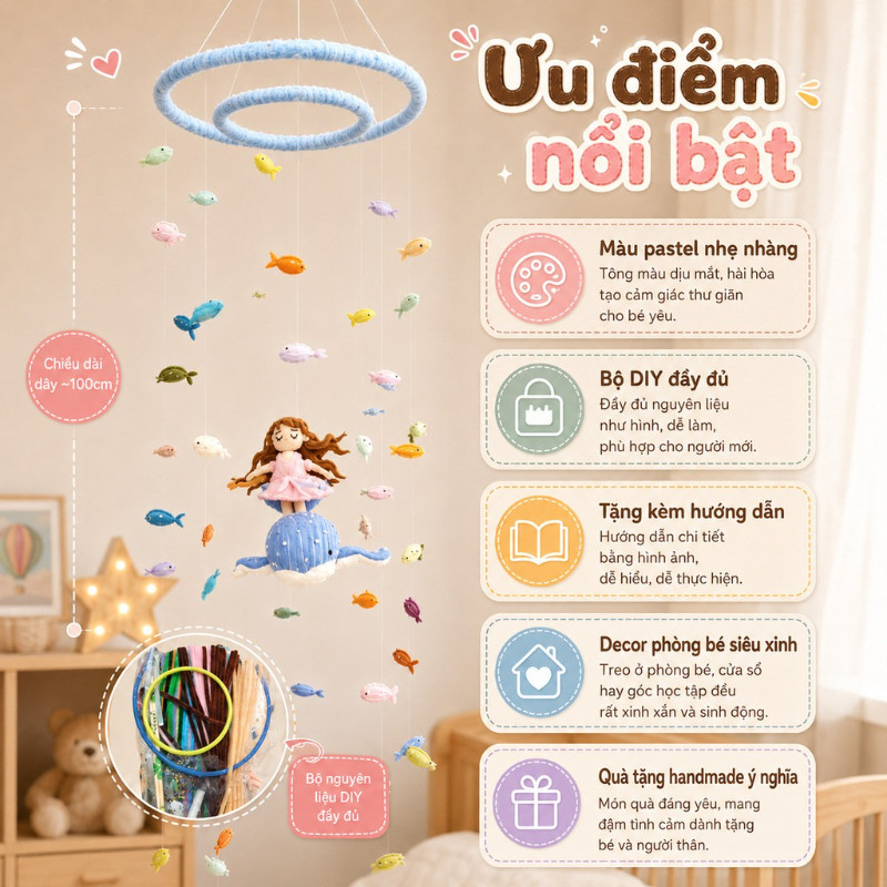 Bộ DIY chuông gió cá voi đại dương len bông treo cửa sổ decor phòng handmade kèm hướng dẫn