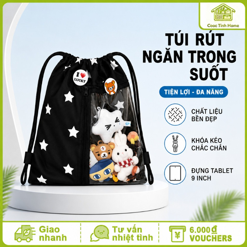 túi dây rút trong suốt nylon nhẹ bền chống nước ngăn pvc khóa kéo học sinh đi học