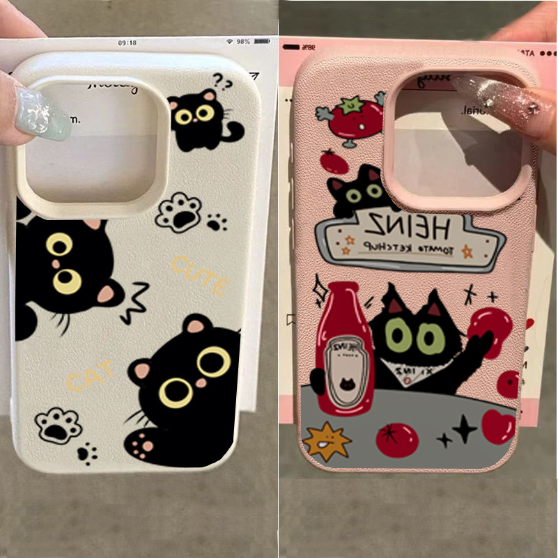 Ốp Lưng Cho OPPO A3 A5 A6 PRO A3X A40 RENO 11F 11 10 PRO 7Z 8 5G Mèo Cà Chua Đen Dễ Thương Mềm Mờ Da PU Hoạt Hình