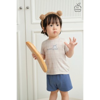 La Pomme SS26.T6.1 Bộ cộc tay mềm mịn vải phối họa tiết cá tính cho bé 6m-3y