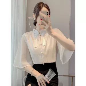 Áo sơ mi ngắn tay Acetate Jacquard phong cách Trung Quốc mới dành cho nữ mùa hè Zen Viền mặt ngựa Váy có nút Áo sơ mi voan nhỏ