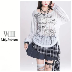 Milyfashion Ren Nơ In Hình Slanted Vai Hơi Trong Suốt Tay Dài T Phong Cách Mới Khâu Mỏng Hơn Nhìn Top Ba Lê Phong Cách IIVZ