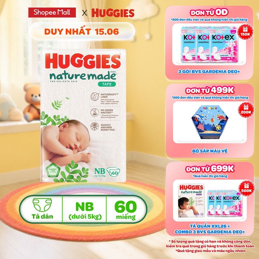 Tã/Bỉm dán sơ sinh Huggies NatureMade NB60 (dưới 5kg)/S82(4-8kg) /M64(6-11kg)/L54/XL44