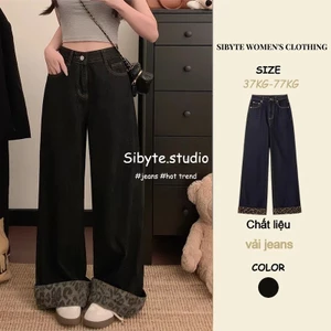 Sibyte- Quần Jeans Nữ Ống Suông Rộng Dài - Ghép Họa Tiết Da Beo Lai Gấu Eo Cao Phong Cách Retro Phóng Khoáng