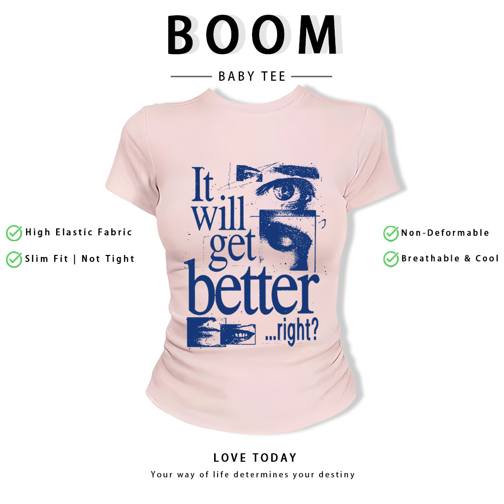 BOOM Áo Baby Tee Nữ Cotton Ôm Body-Áo Thun Ngắn Tay Y2K In Hình PhongCách Mùa Hè, Cổ Tròn Hàng Đầucách hàn quốc phongV11