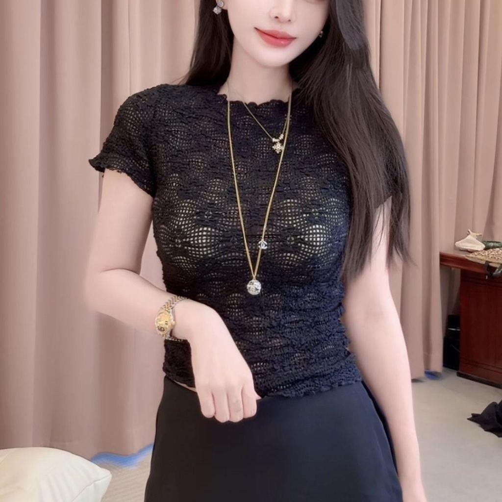 [Seckill trong thời gian có hạn] Áo thun ngắn tay cổ tròn ren rỗng phiên bản Hàn Quốc dành cho nữ mùa hè 2026 Phong cách mới Tính khí Slim-