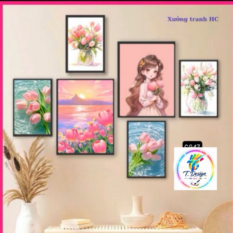 Bộ 6 tranh decor phòng ngủ fomex 5mm, đi kèm băng keo lụa bóng dễ dàng trang trí.