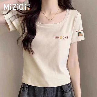[MIZIQI] Áo thun ngắn tay phong cách đơn giản mùa hè dành cho nữ, Áo ngắn tay cổ vuông