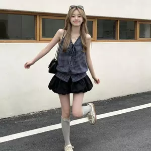 Fried Street Độc Đáo Sling Dây Kiểm Tra Áo Vest Nữ Mùa Hè 2026 Phong Cách Mới Buộc Dây Ngoài Mặc Top Che Thịt S