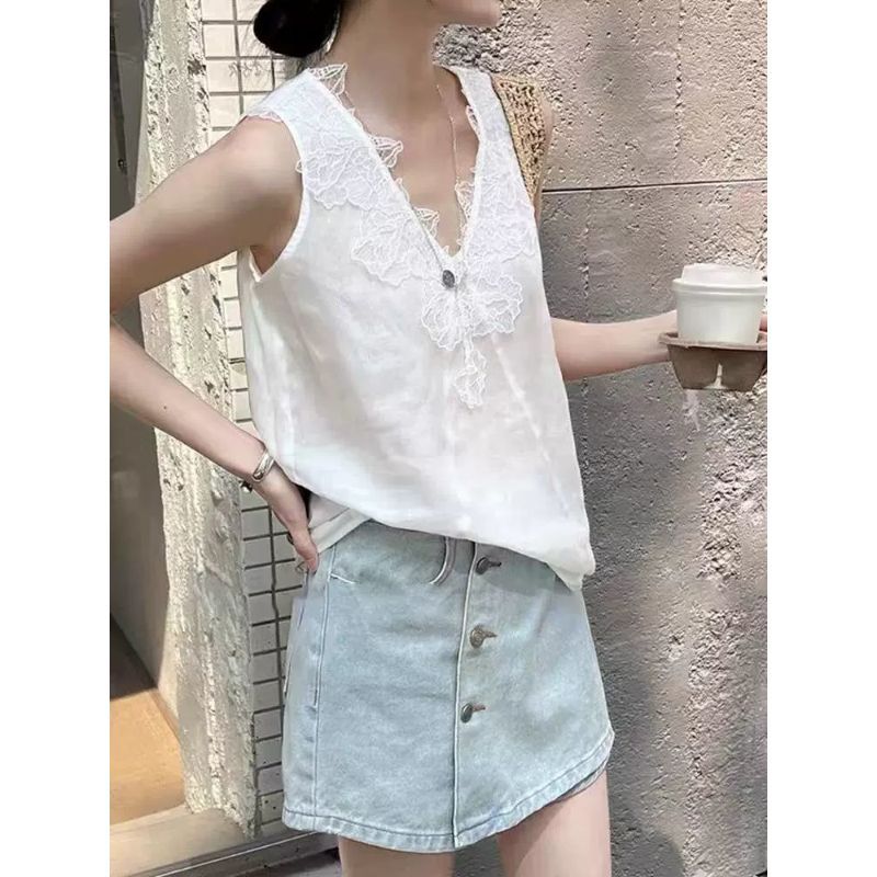 [Giảm giá trong thời gian có hạn] Mùa hè Fat MM Kích thước lớn dáng rộng mỏng hơn trông ren khâu áo Vest không tay cổ chữ V phù hợp cho mọi trận đấu