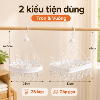 Móc phơi đồ 26 kẹp nhựa PP dày, khóa chống gió xoay 360°, dùng cho tất/đồ lót/khăn/quần áo nhỏ
