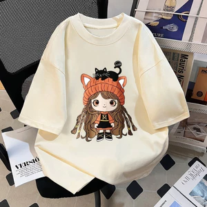 （Giao hàng 24h）Angela 2026 mới cotton nguyên chất giảm tuổi cô gái hoạt hình áo thun ngắn tay dáng rộng hoạt hình