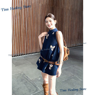 Bộ đồ phong cách Trung Quốc mới mùa xuân, gồm áo gile không tay bằng vải denim thêu và quần short