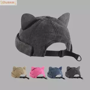 Mũ không vành OUSXA, Mũ trùm đầu tai mèo màu trơn cũ đã giặt, Mũ beanie Unisex có thể điều chỉnh thoáng khí dễ thương dành cho nữ
