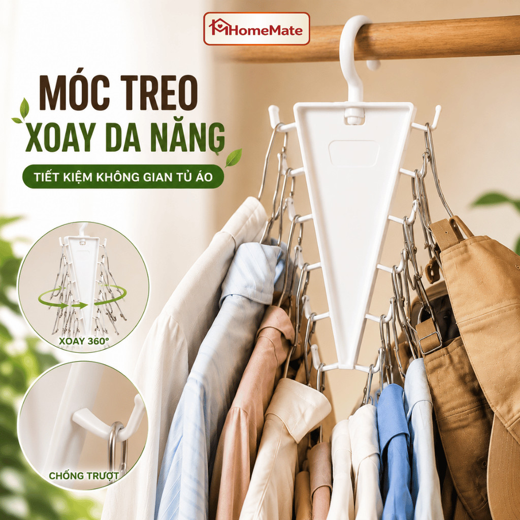 Móc Treo Quần Áo 12 Móc Đa Năng HomeMate, Giá Treo Phụ Kiện Xoay 360°, Tiết Kiệm Không Gian Tủ Quần Áo