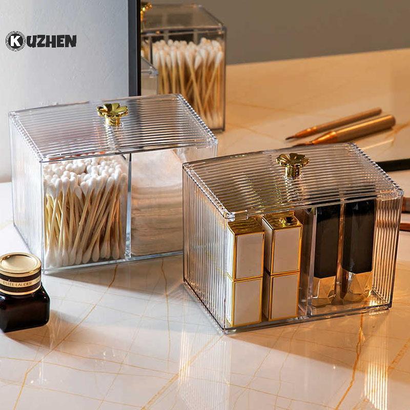 Giá đỡ miếng đệm bông nhiều ngăn trong suốt KUZHEN có nắp, tiện lợi để đựng khăn bông và trang điểm HOT