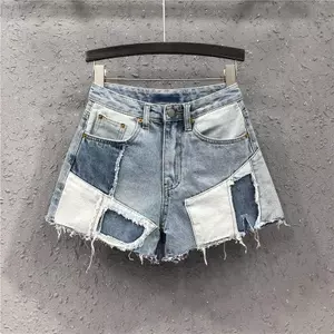 Quần short Denim màu tương phản khâu độc đáo mùa hè Quần ống rộng phù hợp cho mọi trận đấu
