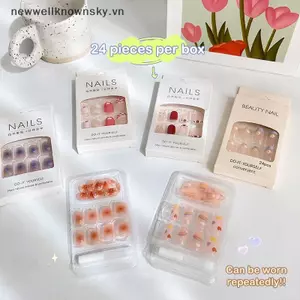 MỚI 2025 Mới Nhất 24 Cái / bộ Móng Tay Nghệ Thuật Pháp Móng Tay Giả Có Keo Nhựa ABS - Móng Tay Ngắn Đơn Giản SKY