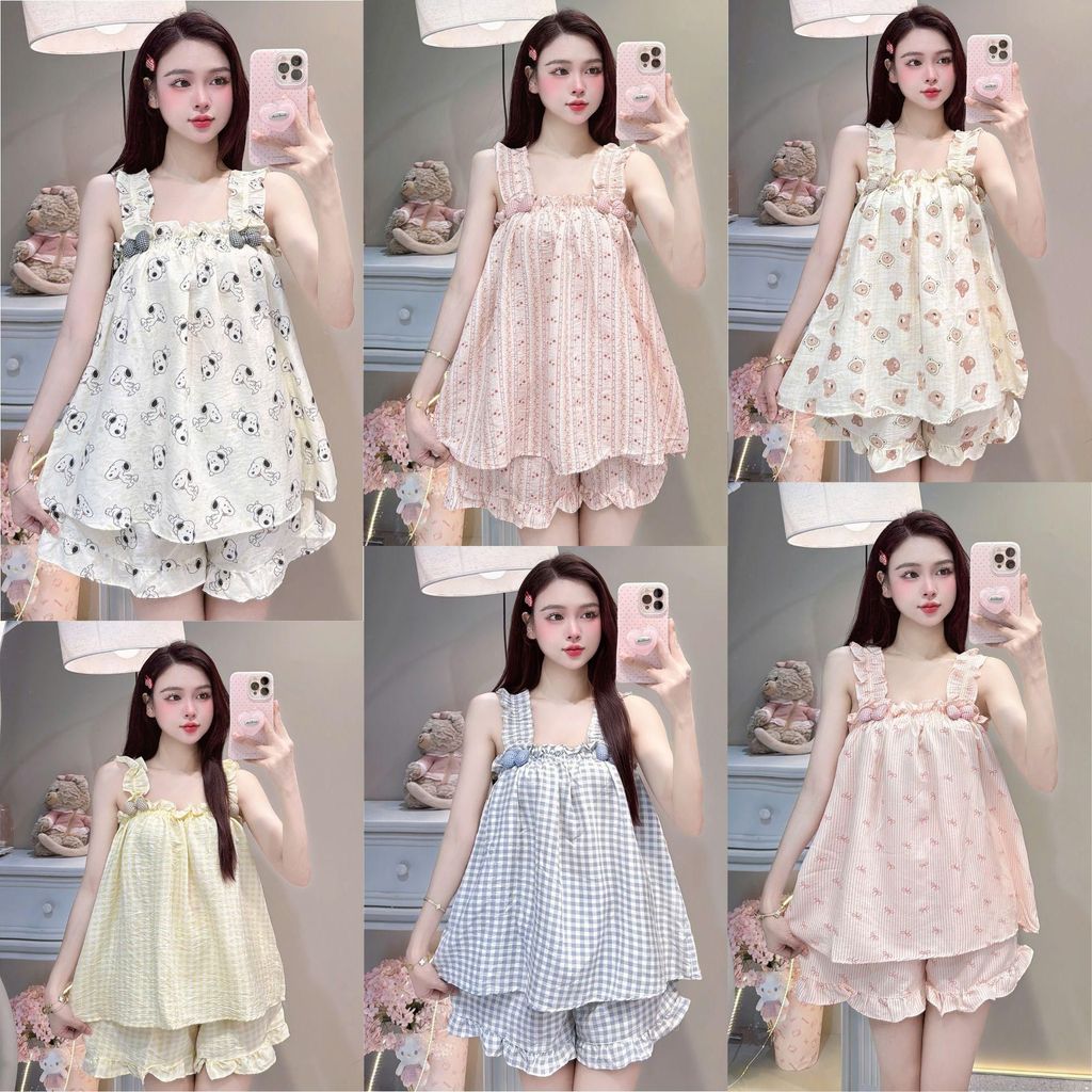 Bộ Đồ Ngủ Nữ JUSOKA  Pijama DU54 Đũi Vân Mây 2 Dây Viền Bèo Đính Nơ Mềm Mịn Cao Cấp Thoải Mái Dễ Thương