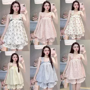 Bộ Đồ Ngủ Nữ JUSOKA Pijama DU54 Đũi Vân Mây 2 Dây Viền Bèo Đính Nơ Mềm Mịn Cao Cấp Thoải Mái Dễ Thương