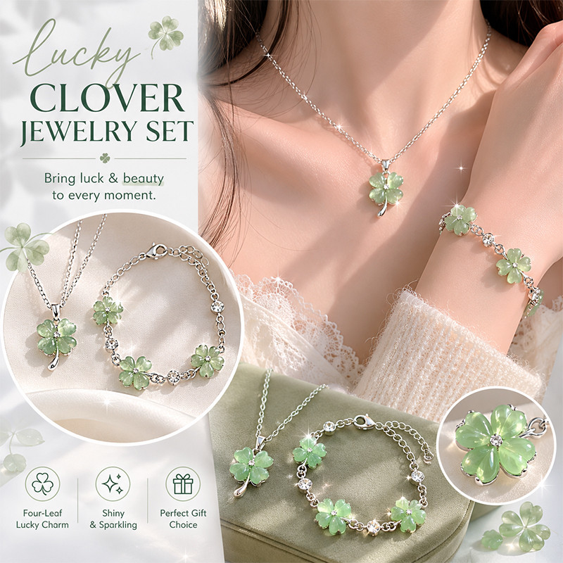 Bộ trang sức cỏ ba lá màu xanh lá cây may mắn, Vòng cổ mặt dây chuyền pha lê lấp lánh và vòng tay liên kết dành cho nữ Quà tặng hàng ngày