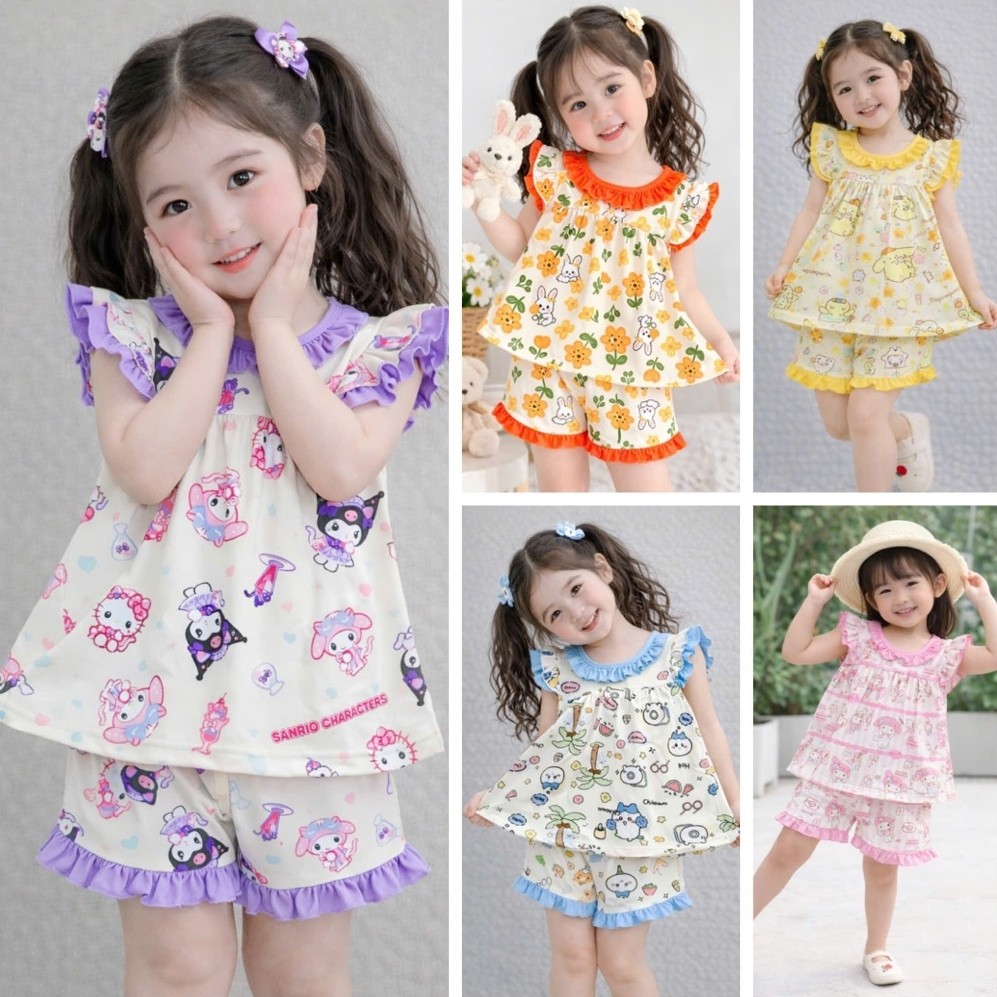[Minkoj] Bộ ngắn tay nhún bèo cánh tiên 2 lớp cổ sen xinh xắn cho bé từ 7-28kg chất thun lạnh 3D co dãn mềm mịn 170dx