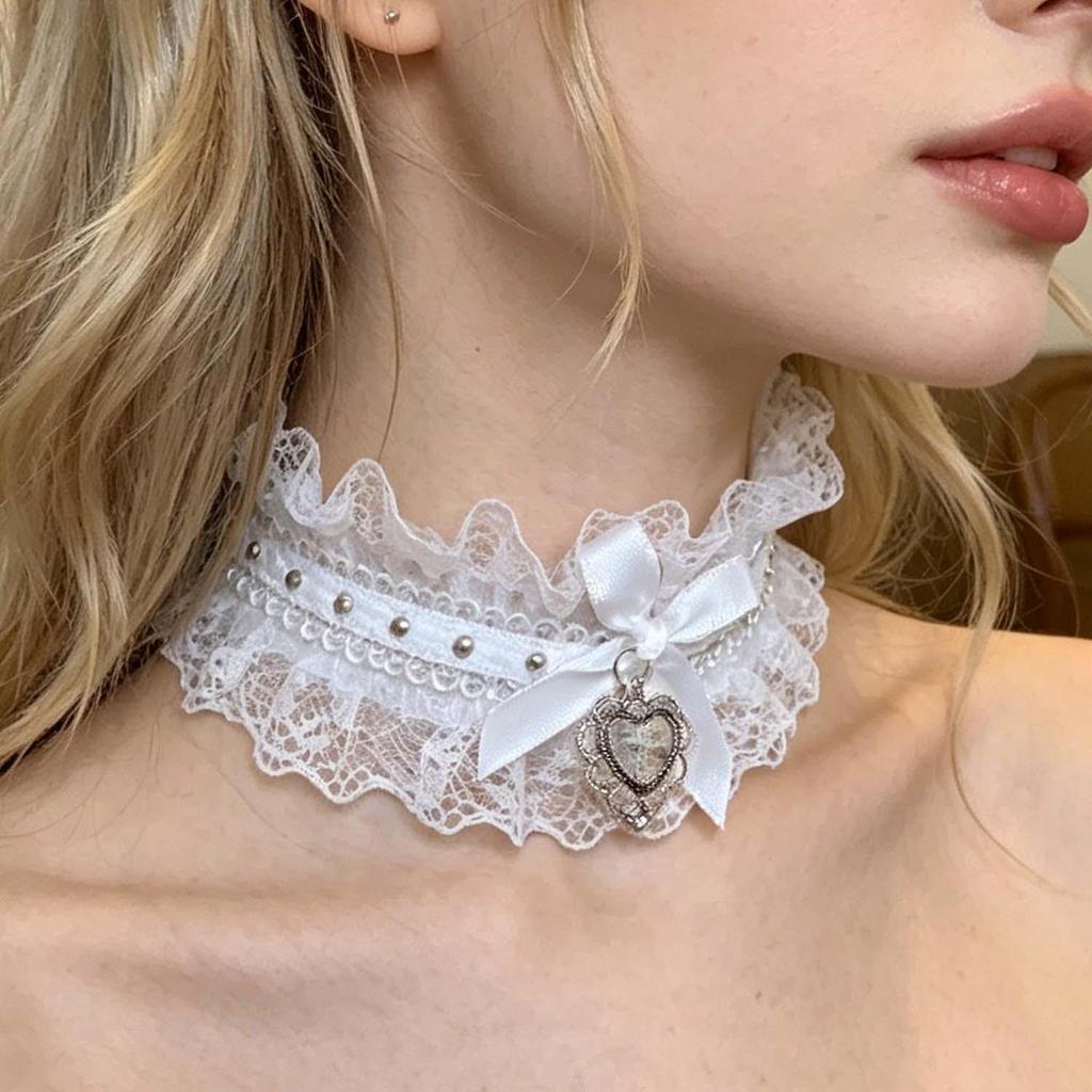 Retro Ren Nơ Trái Tim Đeo Chéo Vòng Cổ - Nữ Handmade Dây Thắt Nút Cổ Trang Sức - Mặt Dây Chuyền Trái Tim Đào Ngọt Ngào Phong Cách Gothic
