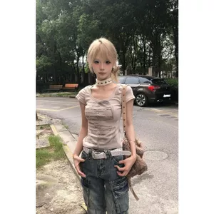Áo thun ngắn tay cổ chữ u in chữ cổ điển Mỹ dành cho nữ mùa hè Slim-Fit Slim-Fit Slimmer Look Hot Girl Vai trước