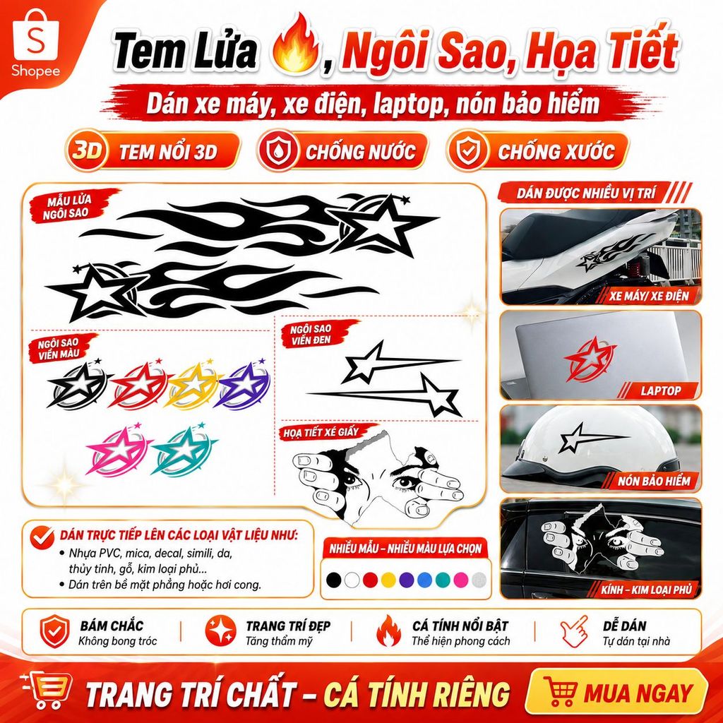 Tem Lửa 🔥, ngôi sao, dán xe máy, xe điện ,lattop,nón bảo hiểm ,Tem nổi 3D chống nước, chống xước