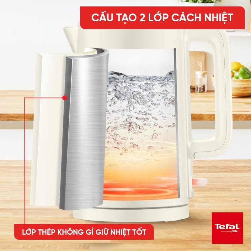 Ấm Đun Siêu Tốc Tefal KO140 1.5L 1500W | Inox 304 2 Lớp Cách Nhiệt | Đế Xoay 360° | Tự Ngắt Khi Sôi | Hàng Chính Hãng