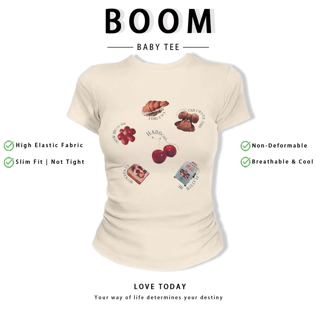 BOOM Áo Baby Tee Nữ Cotton Ôm Body-Áo Thun Ngắn Tay Y2K In Hình PhongCách Mùa Hè, Cổ Tròn Hàng Đầucách hàn quốc phong110